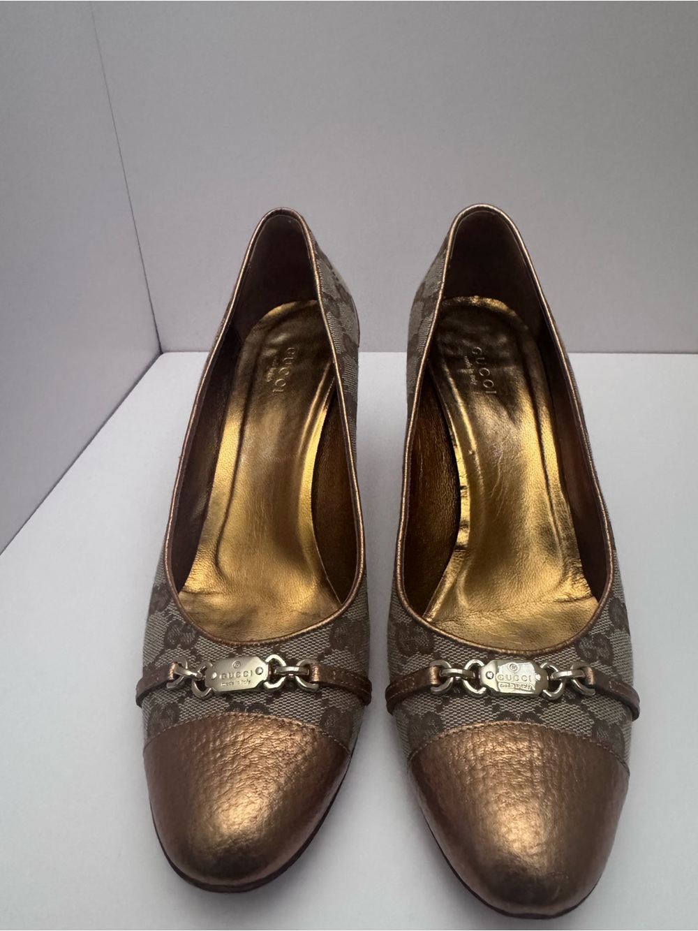 Gucci Bronze Metallic Leather-Trim Logo Canvas Pumps